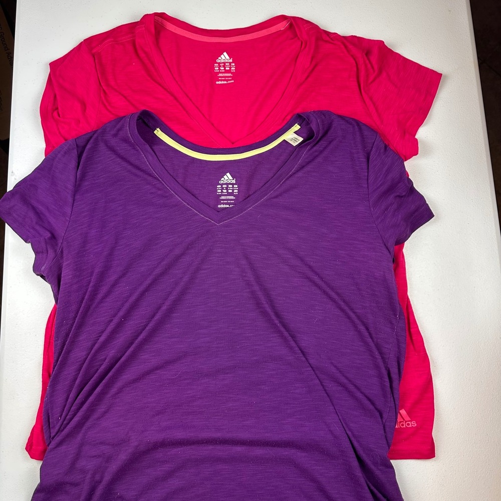 Lot of 2 Adidas T-Shirt Womens XL Purple Pink Climalite V-Neck Performance